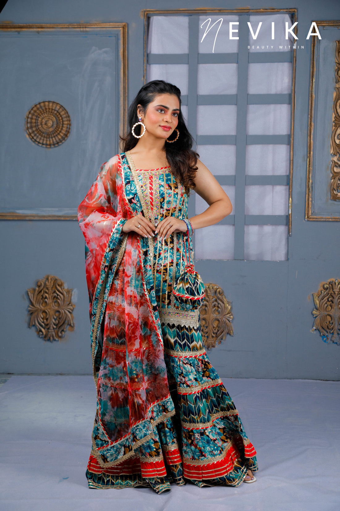 Mesmerize  in Indian Peacock Blue Sharara Dress for Festival Elegance