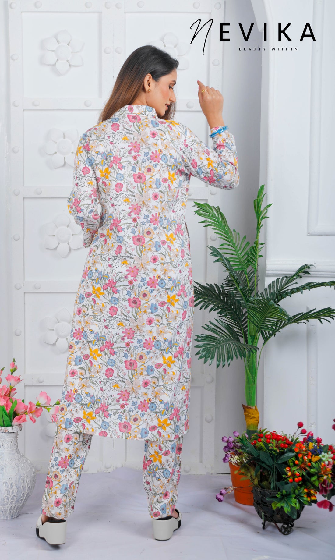 White Floral Long Colored Kurta Co-ord Kurta Set