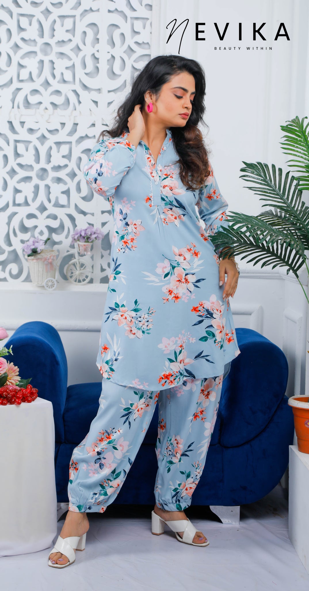 Sky Blue Dreams with Floral Afghani Co-ord Set