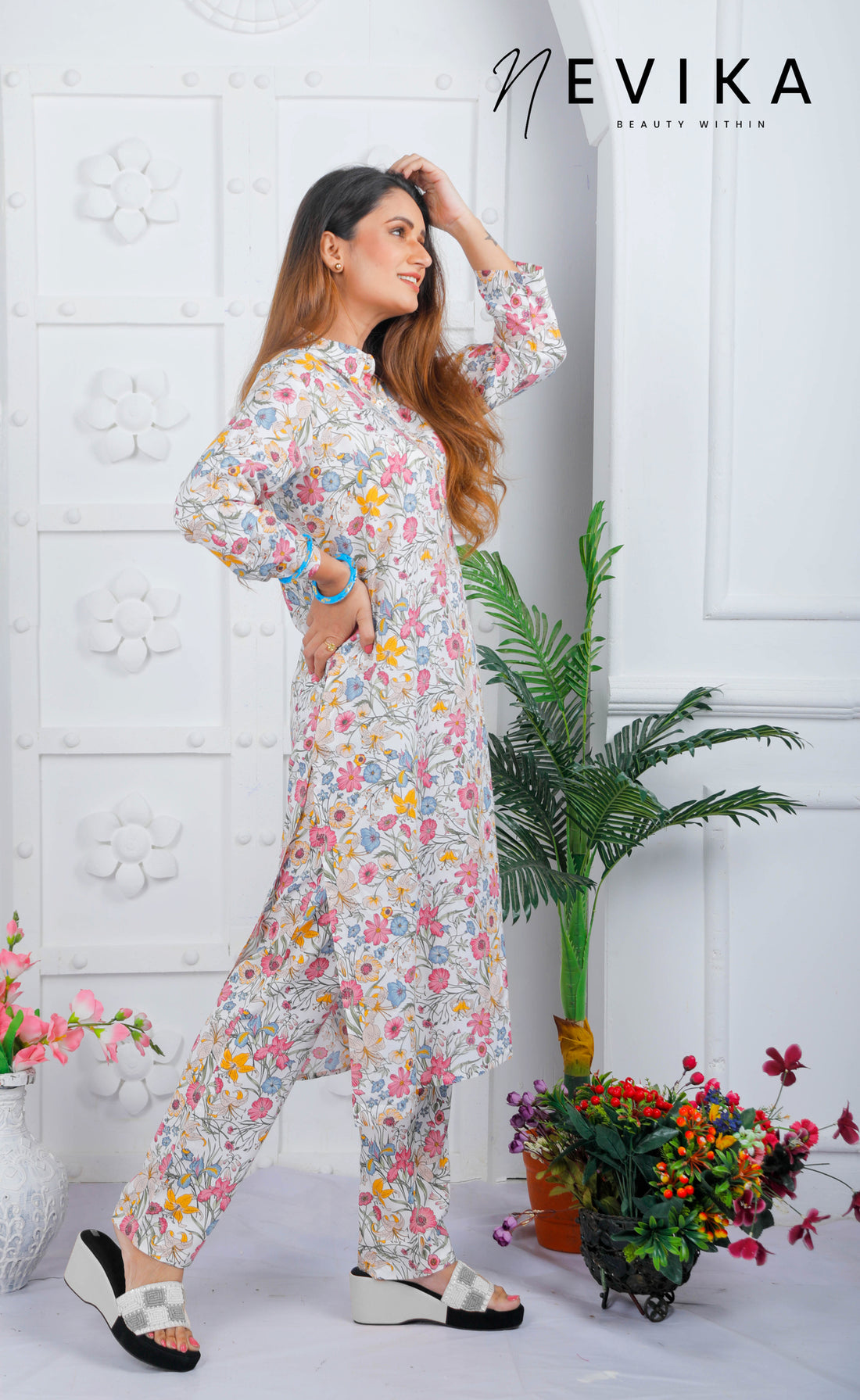 White Floral Long Colored Kurta Co-ord Kurta Set