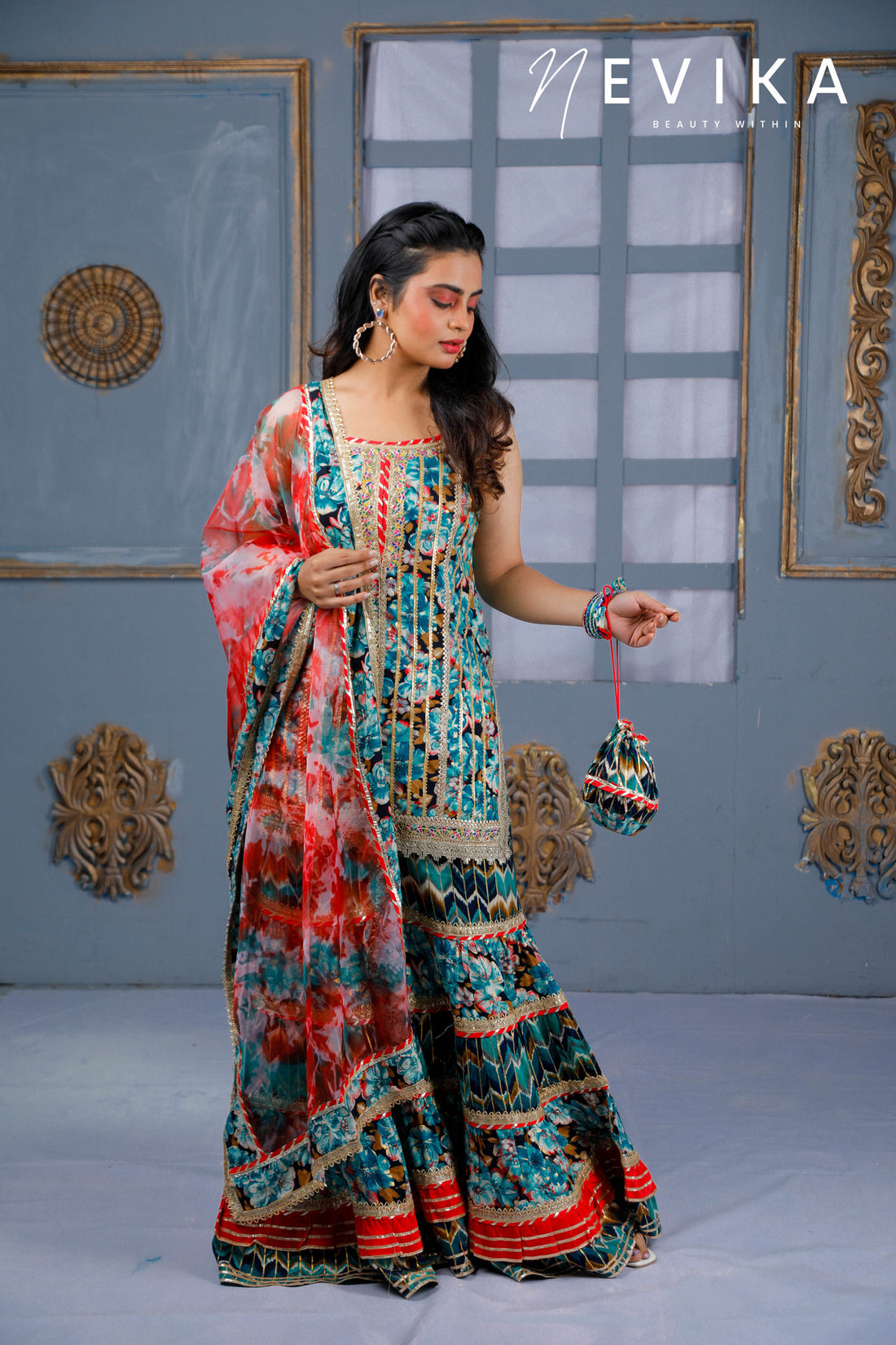 Mesmerize  in Indian Peacock Blue Sharara Dress for Festival Elegance