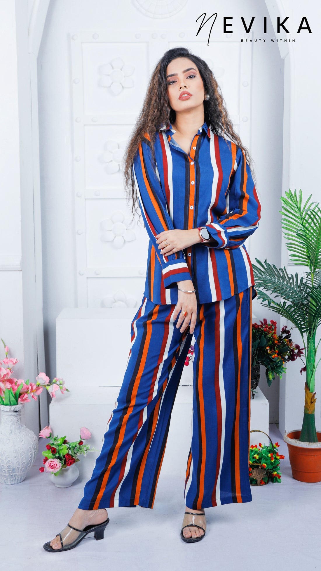 Chic & Striped With Multi-Striped Blue Co-ord Set featuring Stylish Umbrella Sleeves