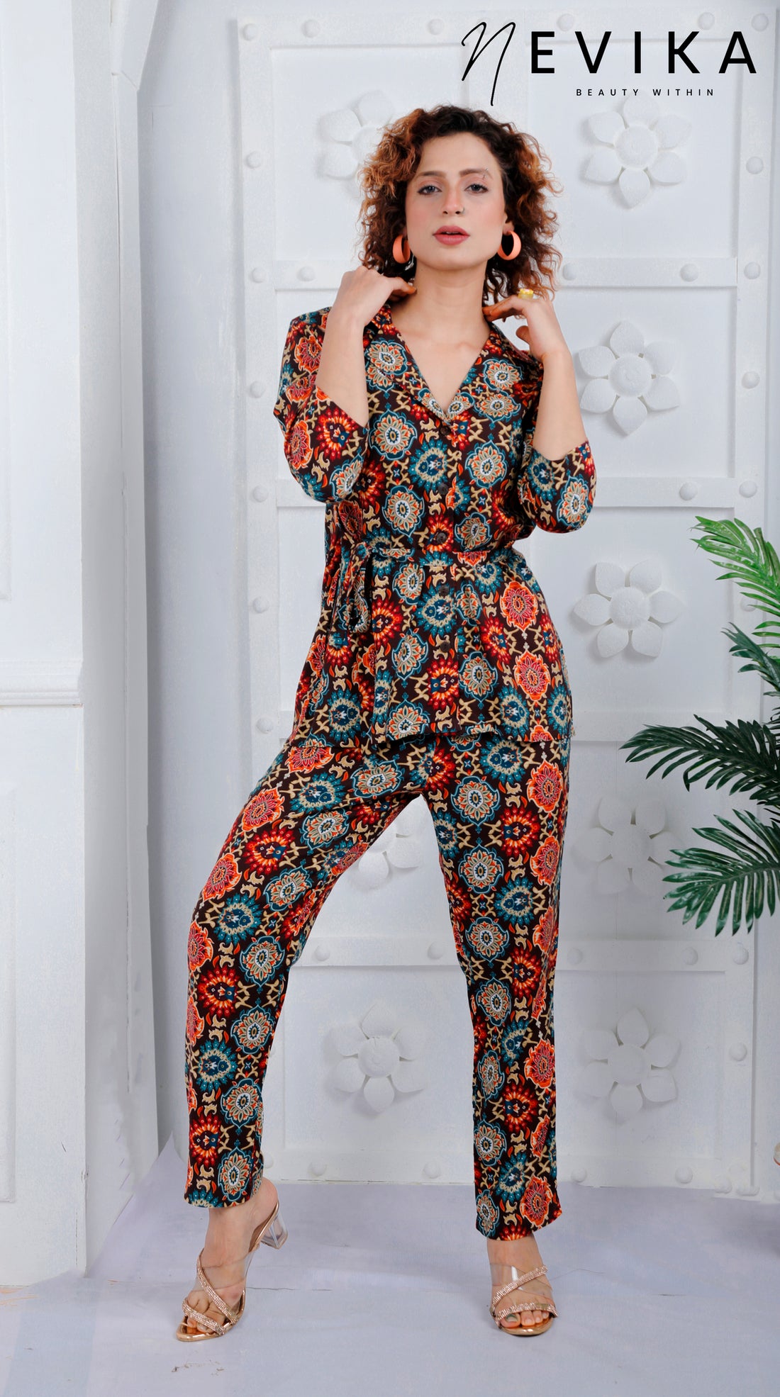 Elegance Blossoms With Dark Brown Floral Printed Co-ord Set