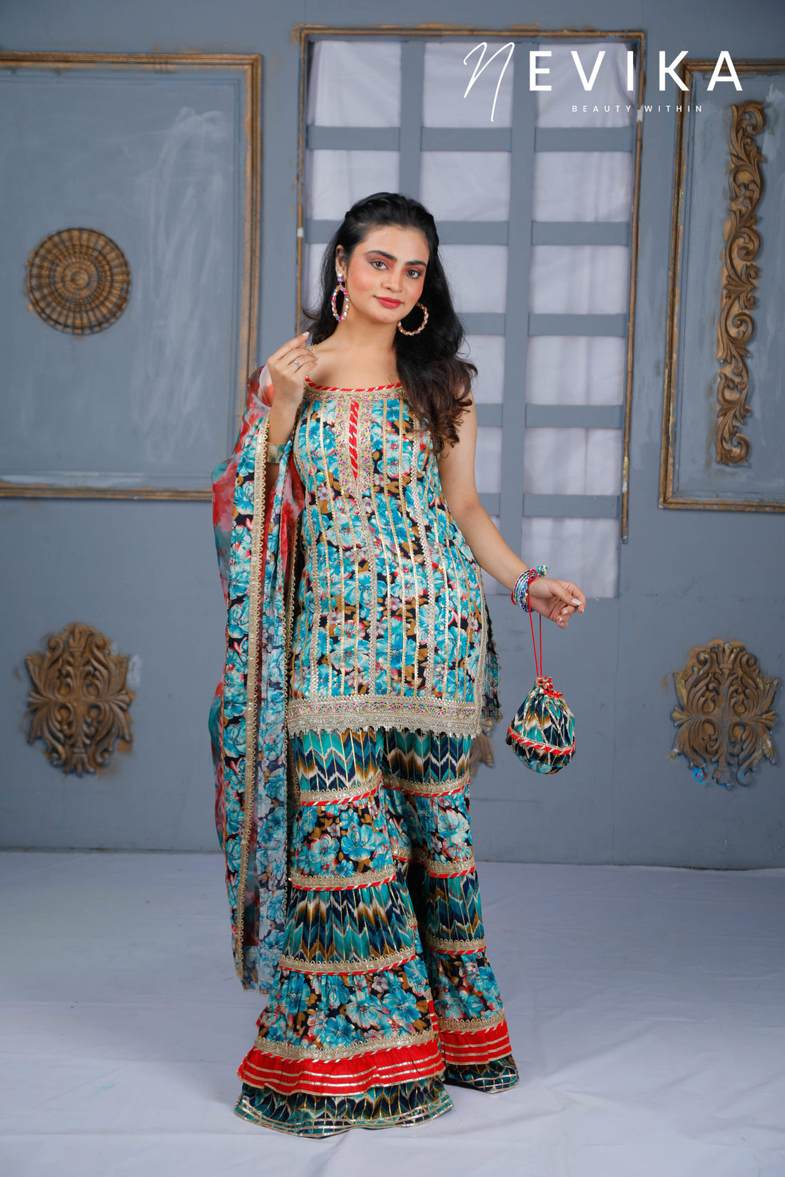 Mesmerize  in Indian Peacock Blue Sharara Dress for Festival Elegance