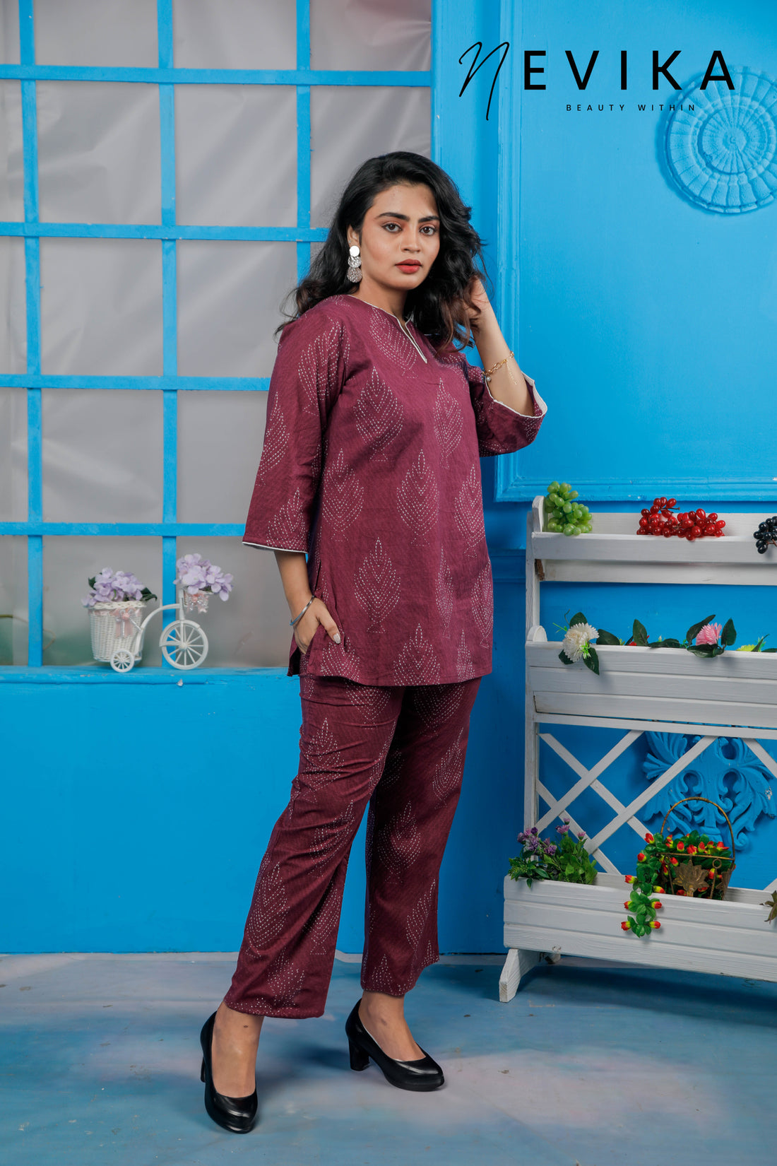 Wine Coloured Motif Printed Loungewear