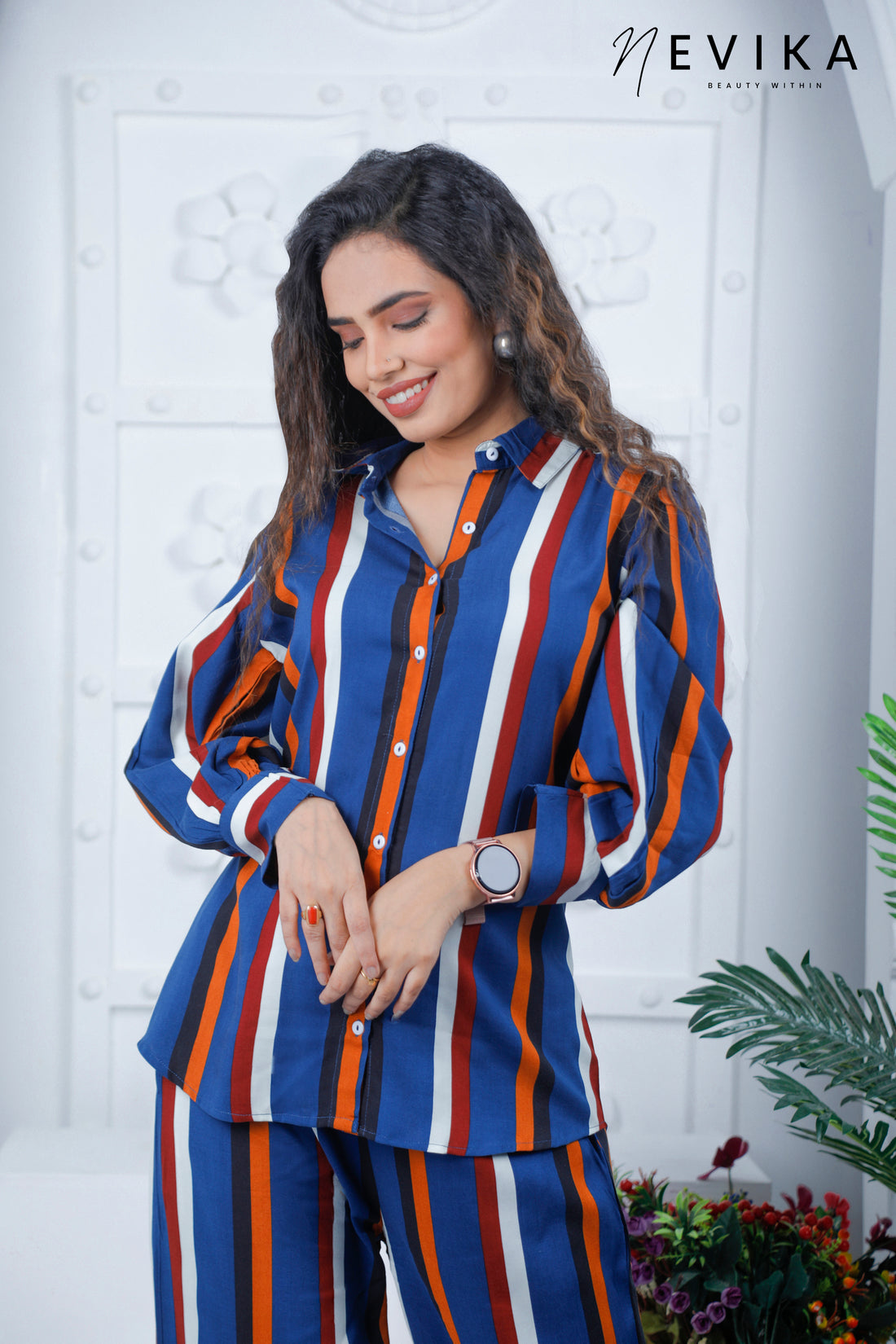 Chic & Striped With Multi-Striped Blue Co-ord Set featuring Stylish Umbrella Sleeves