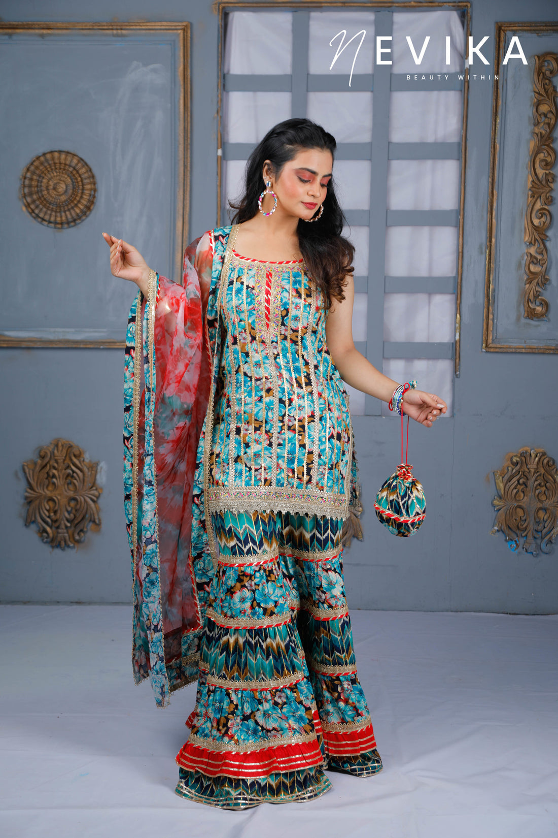 Mesmerize  in Indian Peacock Blue Sharara Dress for Festival Elegance