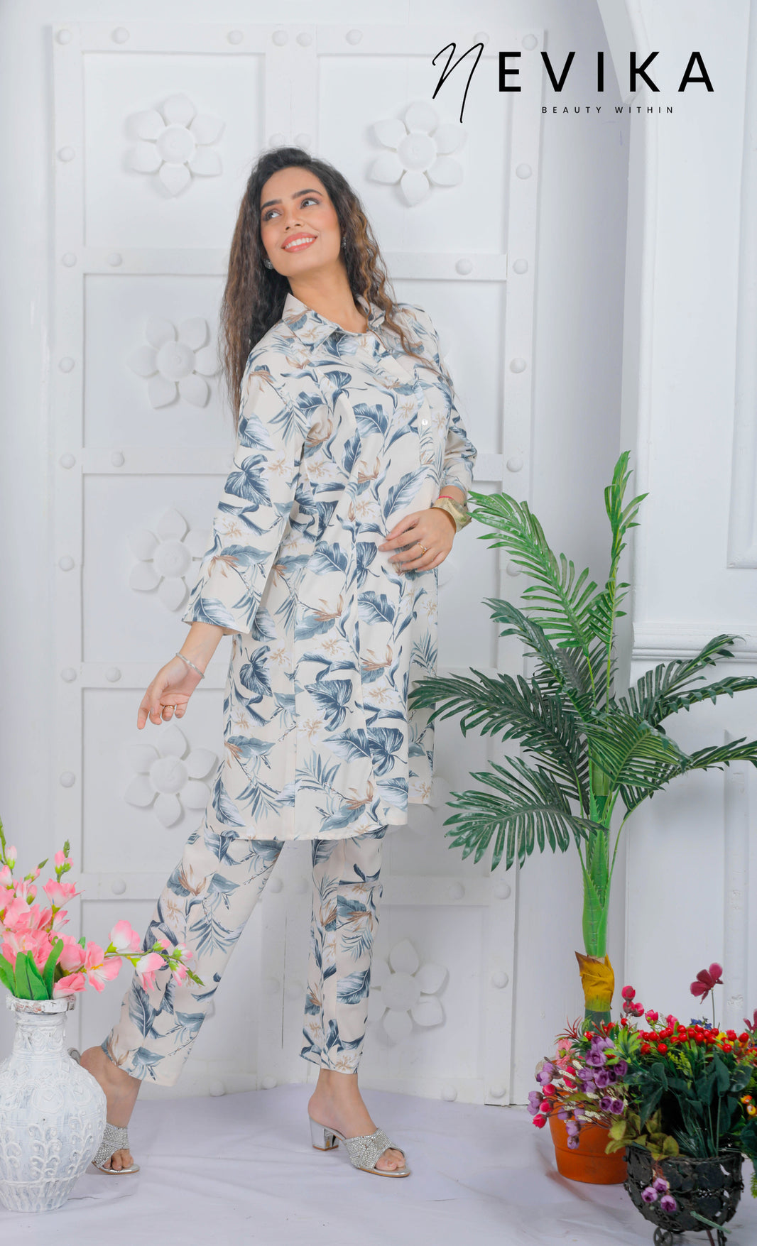 Off-White Floral Long Kurta Co-ord Set