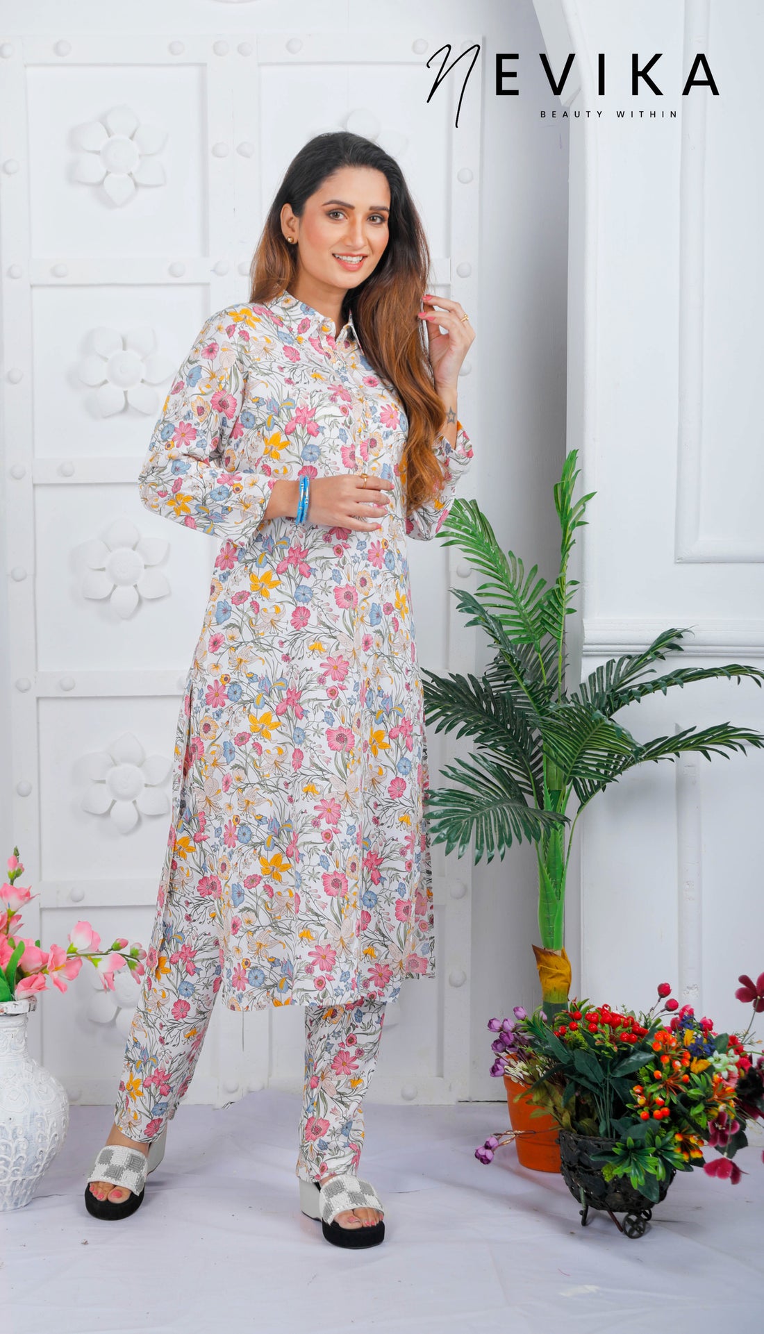 White Floral Long Colored Kurta Co-ord Kurta Set