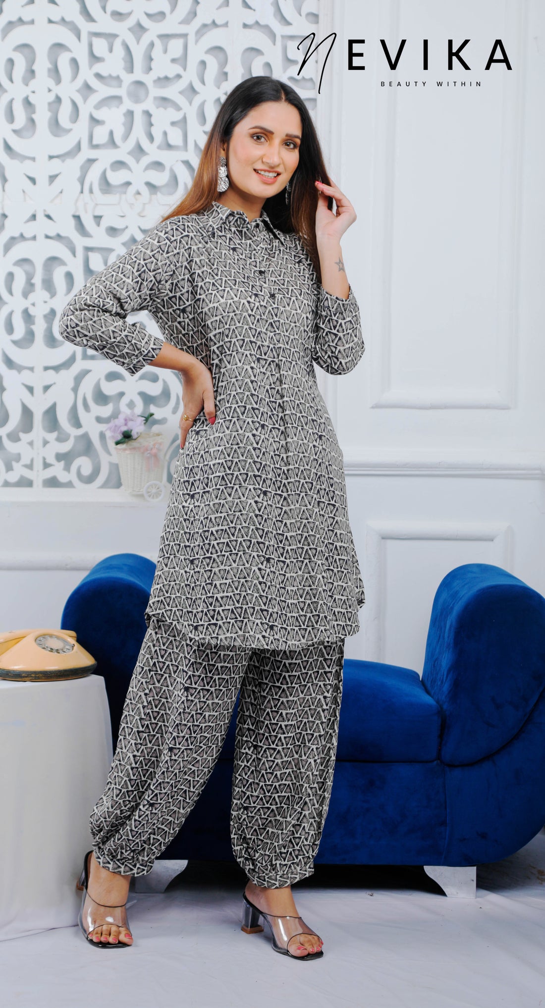 Modern Elegance 3D-Printed Grey Afghani Co-ord Set