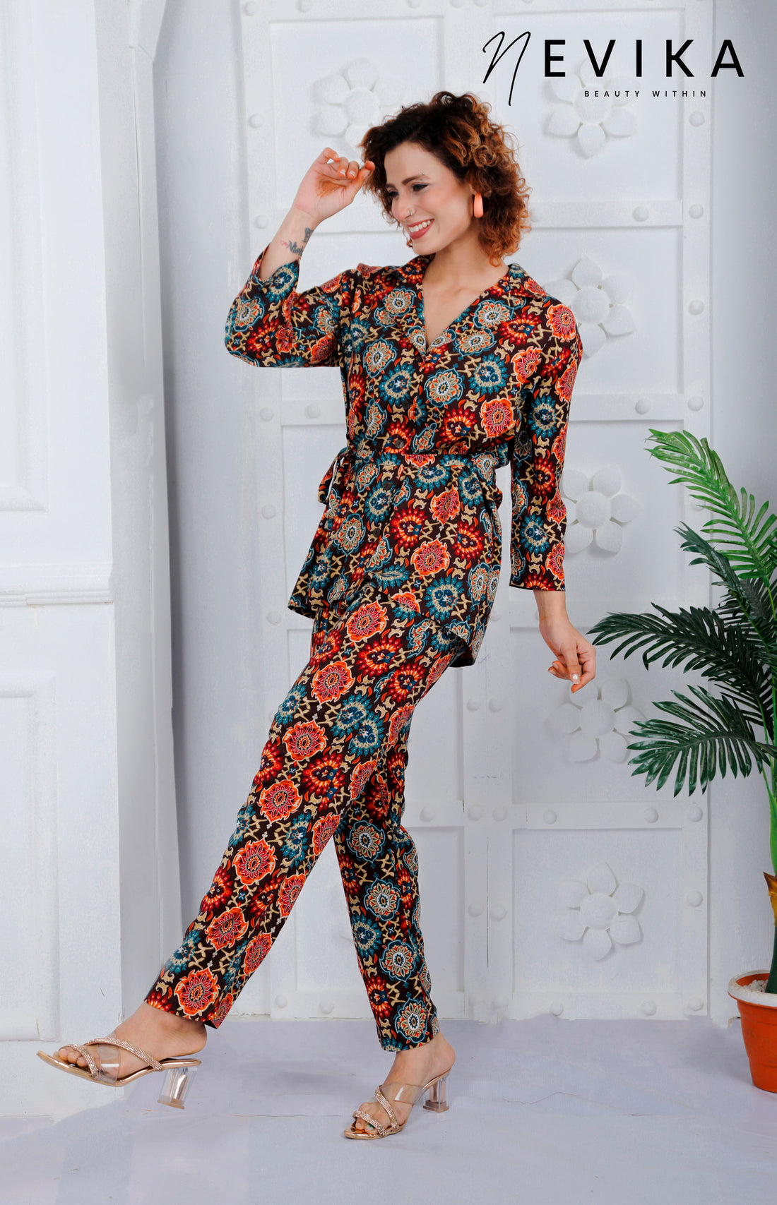 Elegance Blossoms With Dark Brown Floral Printed Co-ord Set