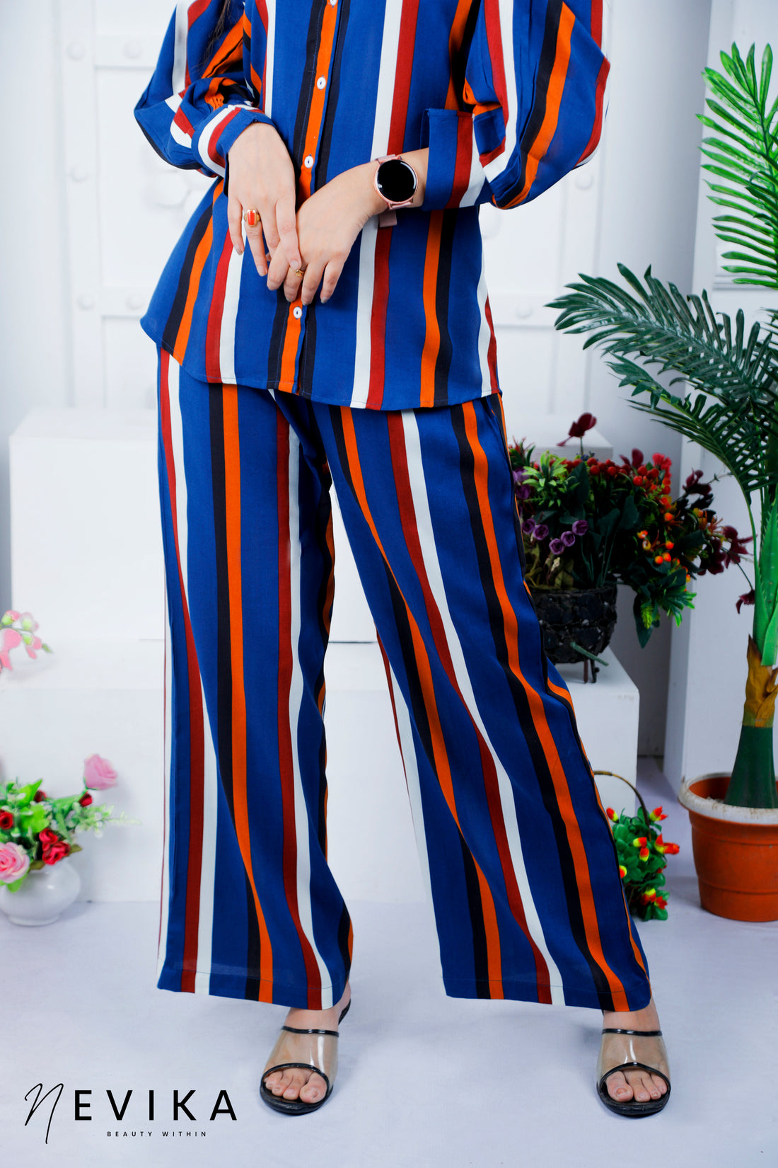 Chic & Striped With Multi-Striped Blue Co-ord Set featuring Stylish Umbrella Sleeves