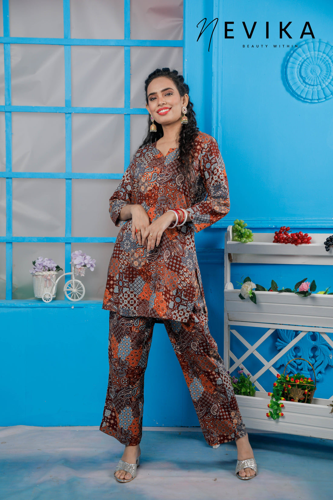 Cozy Dark Brown Katha Jaipuri Print Loungewear