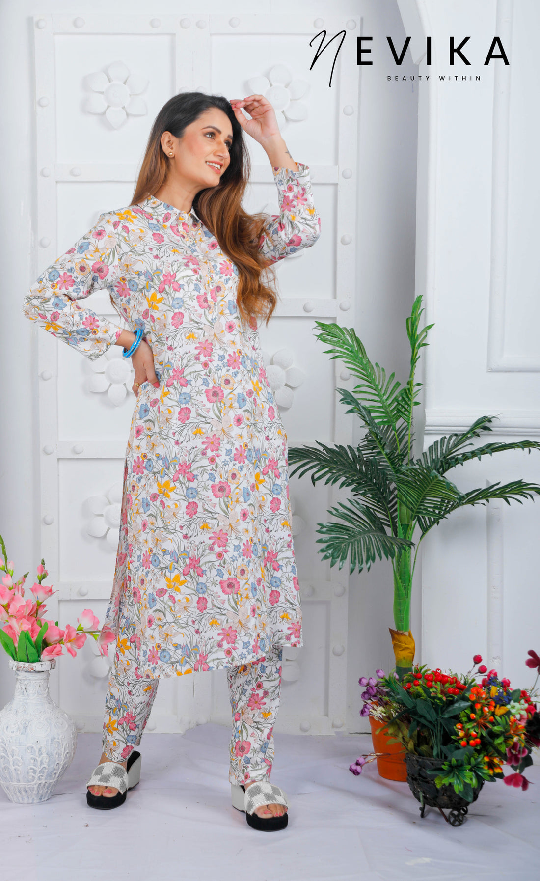 White Floral Long Colored Kurta Co-ord Kurta Set