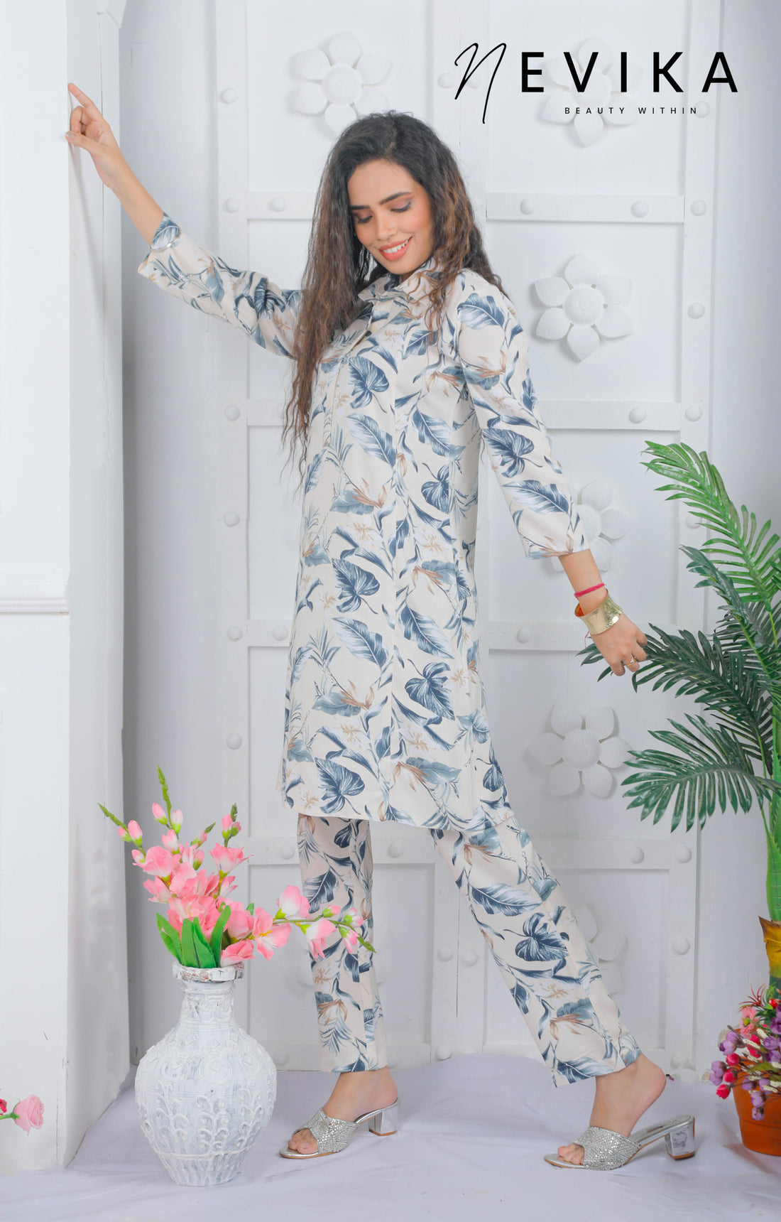 Off-White Floral Long Kurta Co-ord Set