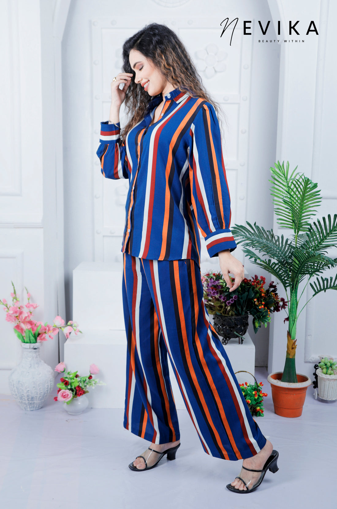 Chic & Striped With Multi-Striped Blue Co-ord Set featuring Stylish Umbrella Sleeves