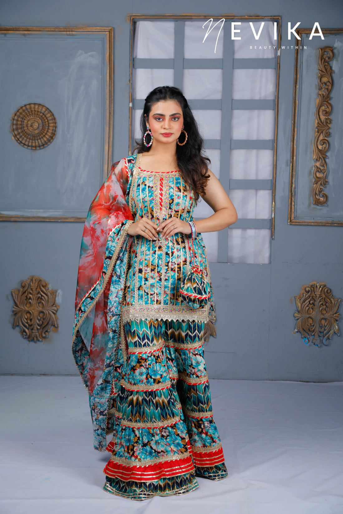 Mesmerize  in Indian Peacock Blue Sharara Dress for Festival Elegance