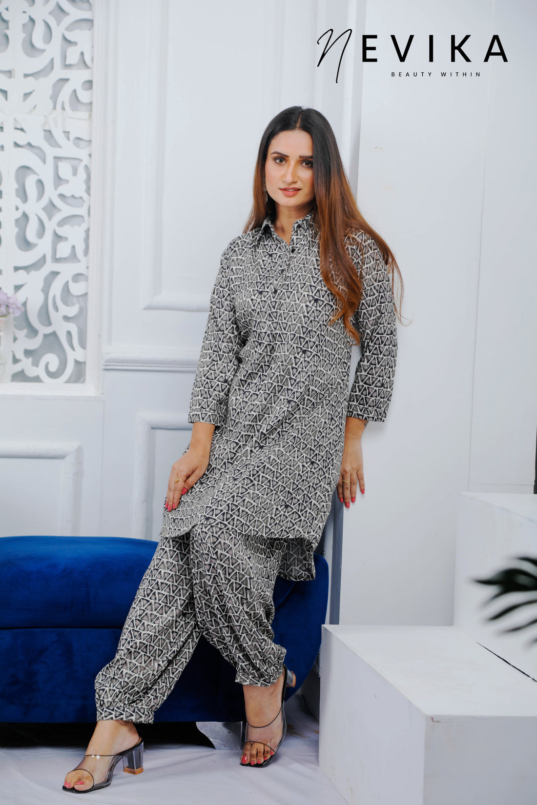 Modern Elegance 3D-Printed Grey Afghani Co-ord Set