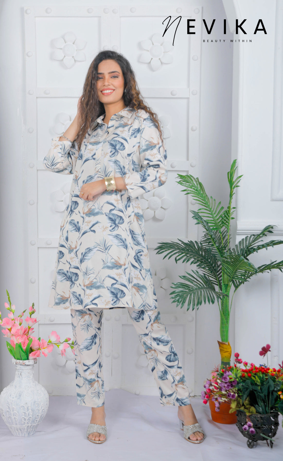 Off-White Floral Long Kurta Co-ord Set