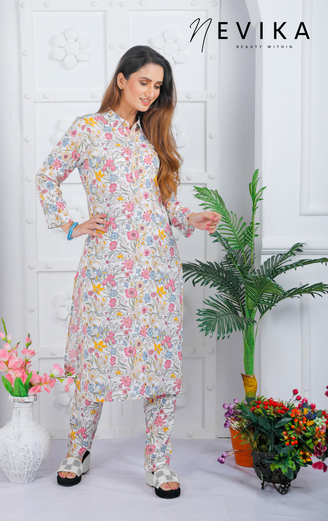 White Floral Long Colored Kurta Co-ord Kurta Set